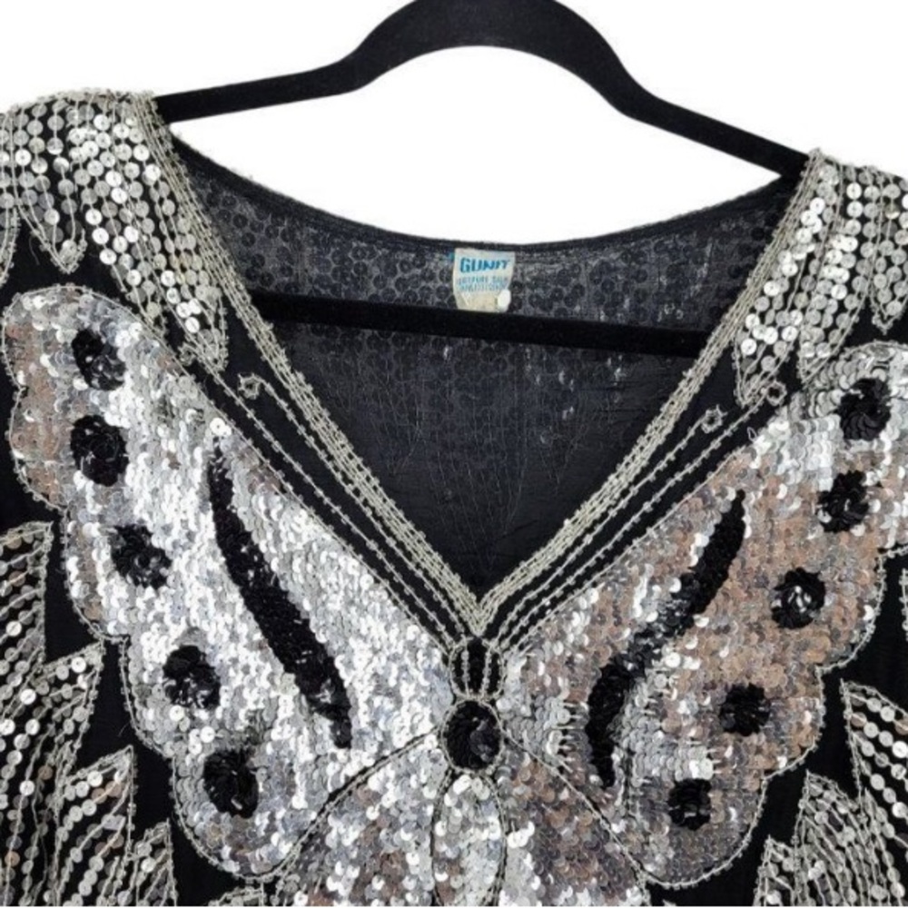 VINTAGE 💯 Silk Sequin Beaded Butterfly Silhouette Pullover/Poncho/Top - Picture 4 of 7